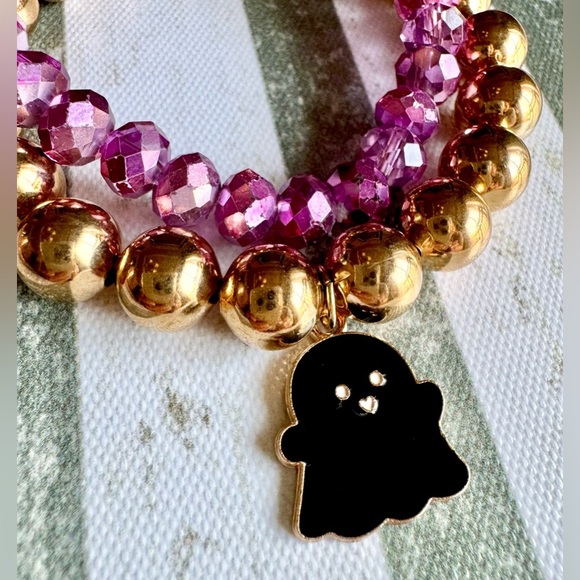 New Halloween Beaded Pink & Gold Tone Adult Size Bracelets w/ Ghost Charm - 8” - Picture 4 of 7